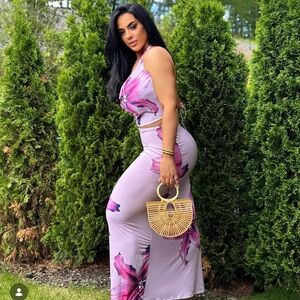 Fashion Nova Lavender & Fuchsia Floral Two-Piece Set
